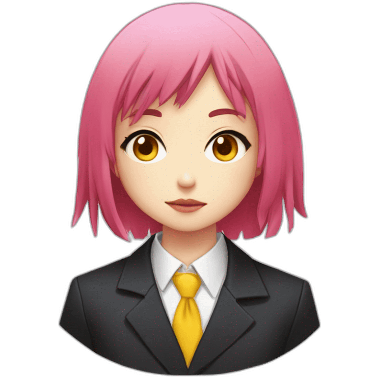 (gril) makima from the manga chainsawman with pink/red hair fringe, yellow eyes with a circle inside and a white shirt with a tie and a black straight coat emoji