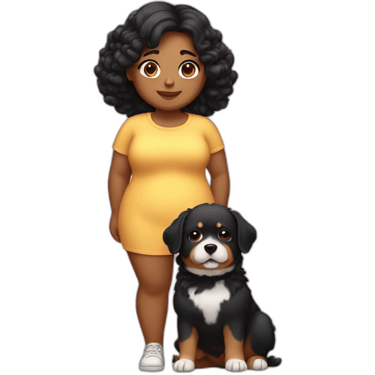 chubby girl with black wavy hairs holding dog emoji