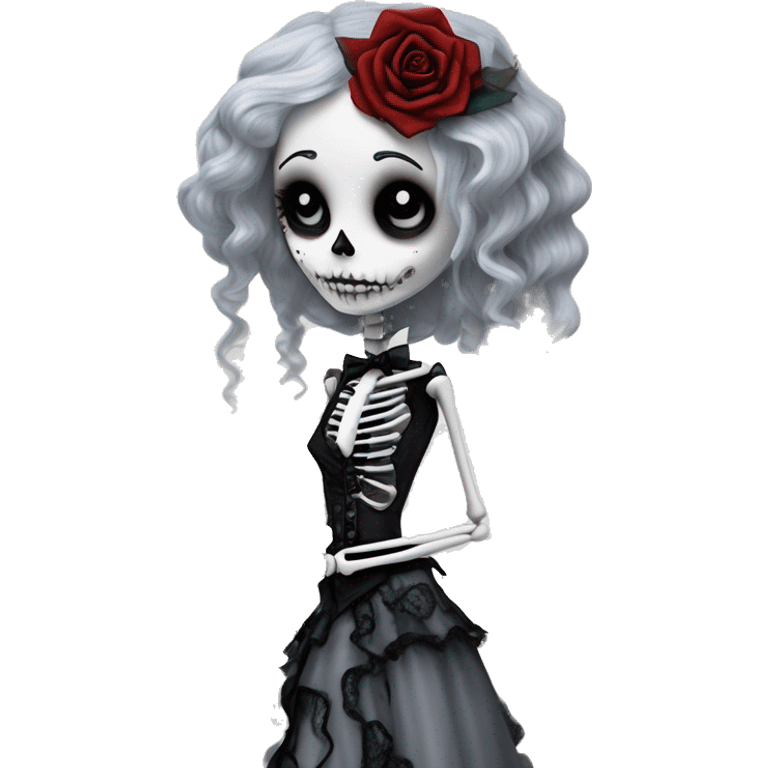 full height skeleton body, tim burton "corpse bride", thin porcelain doll with a cracked face, goth makeup watery eyes, long gray hair, lace and ruffles, lolita style, inked, black and white, red roses emoji