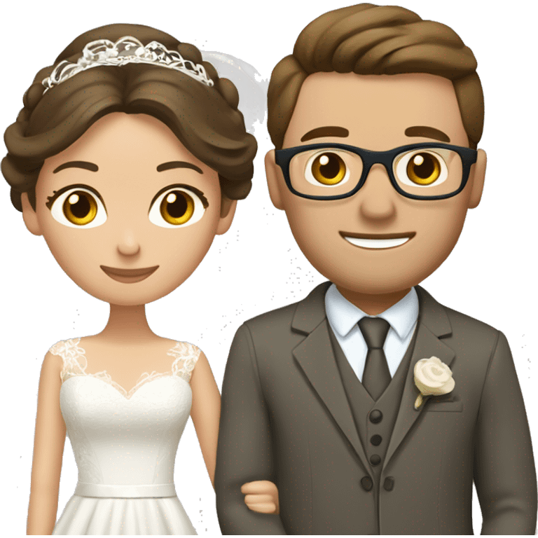 Wedding couple. Bride has brown hair pinned up. She wears lace dress. She has blue eyes. Groom has olive green suit and brown vest. He has brown hair. He wears glasses. He has brown eyes. emoji