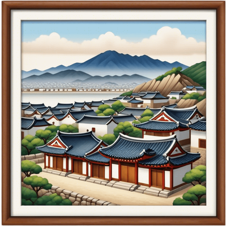 Cinematic Realistic Bukchon Hanok Village Landmark Emoji, depicted with traditional Korean houses set against a scenic backdrop rendered with detailed textures and warm, inviting lighting. emoji