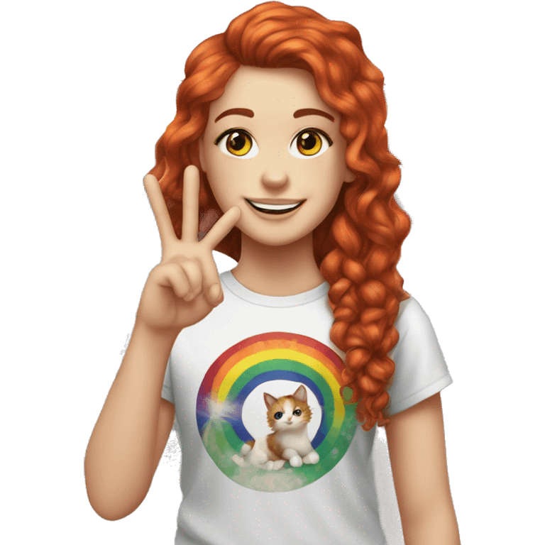 a white girl with long red curly hair in a pony tail with rainbow cat shirt does peace sign  emoji