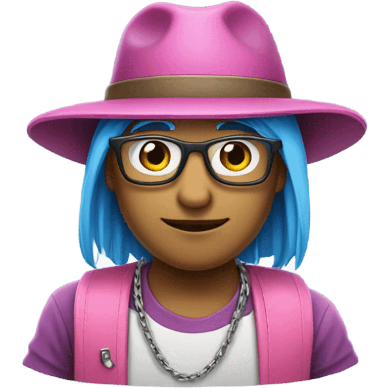 cool young IT specialist in a Panama hat, glasses and a chain. blue hair, pink t-shirt emoji