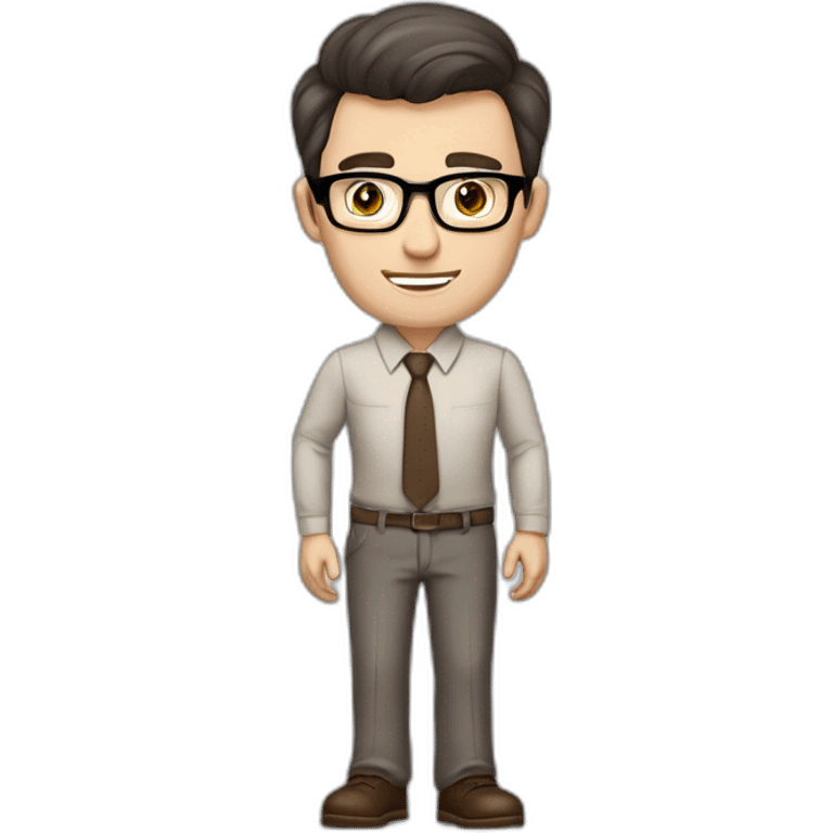 Pale skinned fit man with dark brown hair in gray jacket, beige office shirt, brown tie, brown pants and vintage glasses Writing on the flipchart emoji