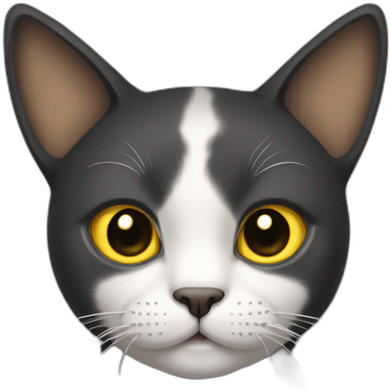 cat with white head and at the top of his head some black color, yellow brown eyes, dirty looking emoji