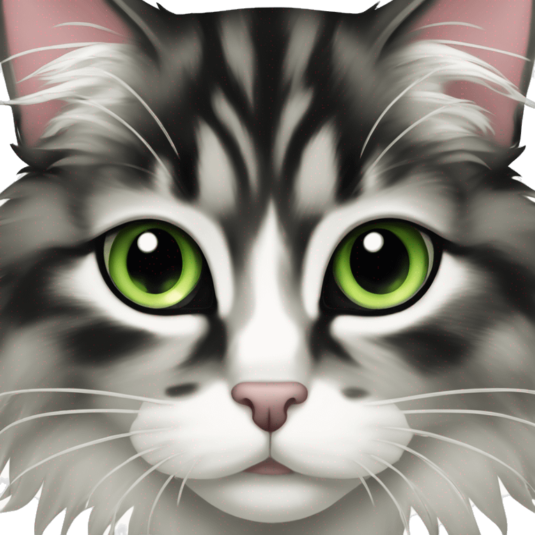 Black and white sad maincoon cat green eyes emoji