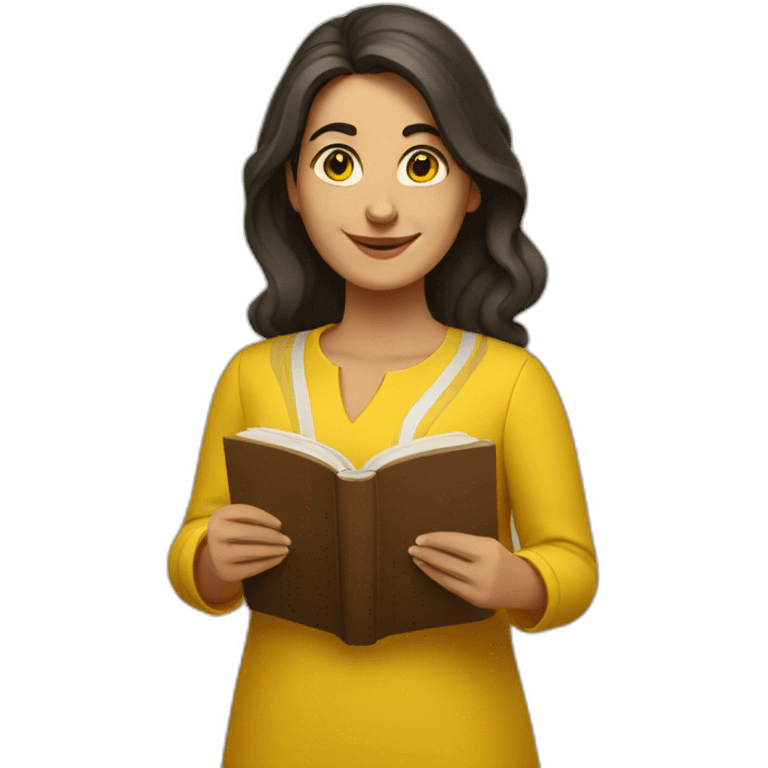 Armenian women with the yellow clothes reading book and looking at camera and smiling  emoji