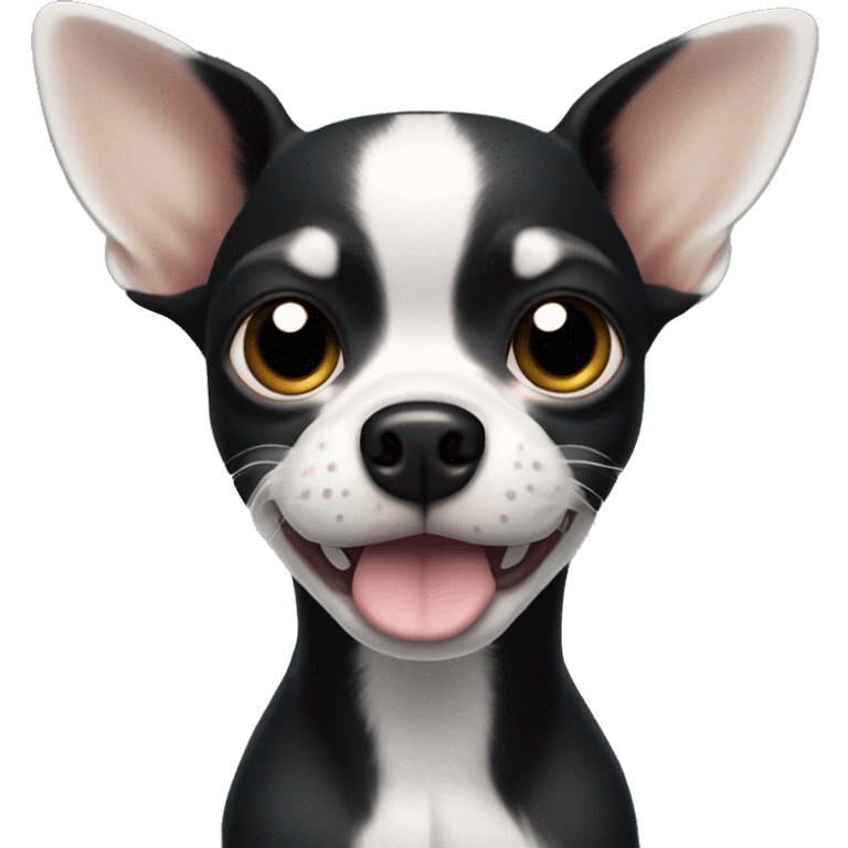 a black Chihuahua dog with a white lightning-shaped spot on its forehead. It has larger ears and a white and black muzzle emoji