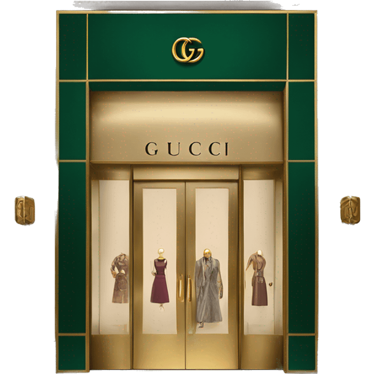 “Gucci store exterior with gold logo above entrance, large glass windows displaying luxury fashion, and elegant double doors.” emoji