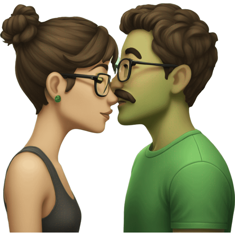 A heavy set boy with brown hair and a mustache is kissing a green haired girl who is thin and wearing glasses both have tattoos emoji