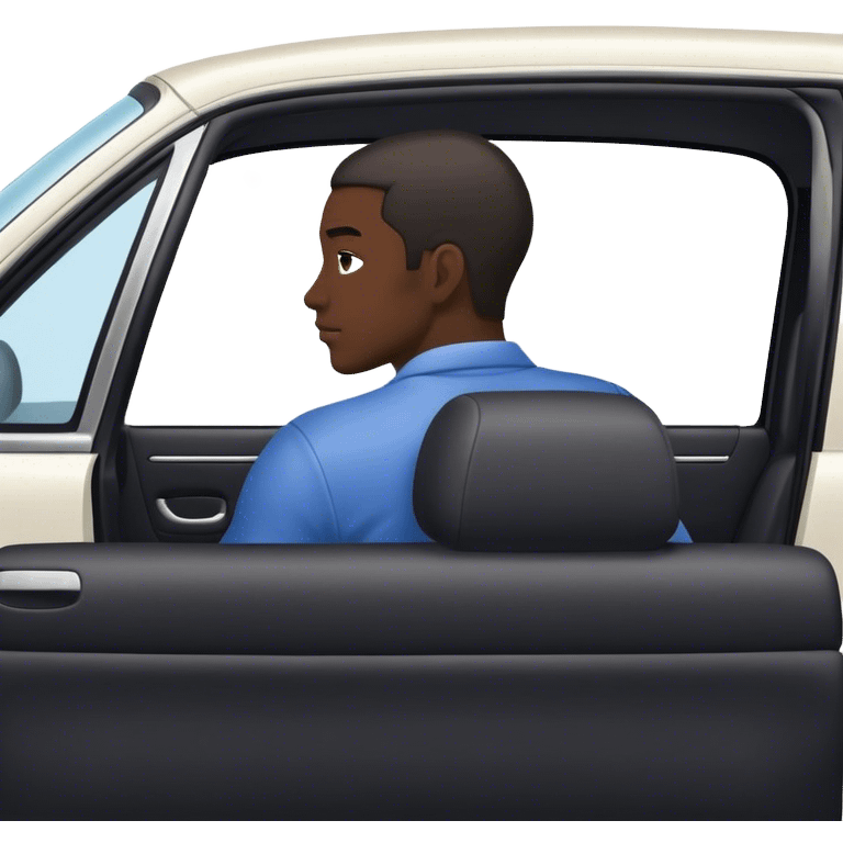 A black skined men sitting in his car while he is lookin back at his back seats. you can see the car from the front and we can only see the back side of the driver emoji