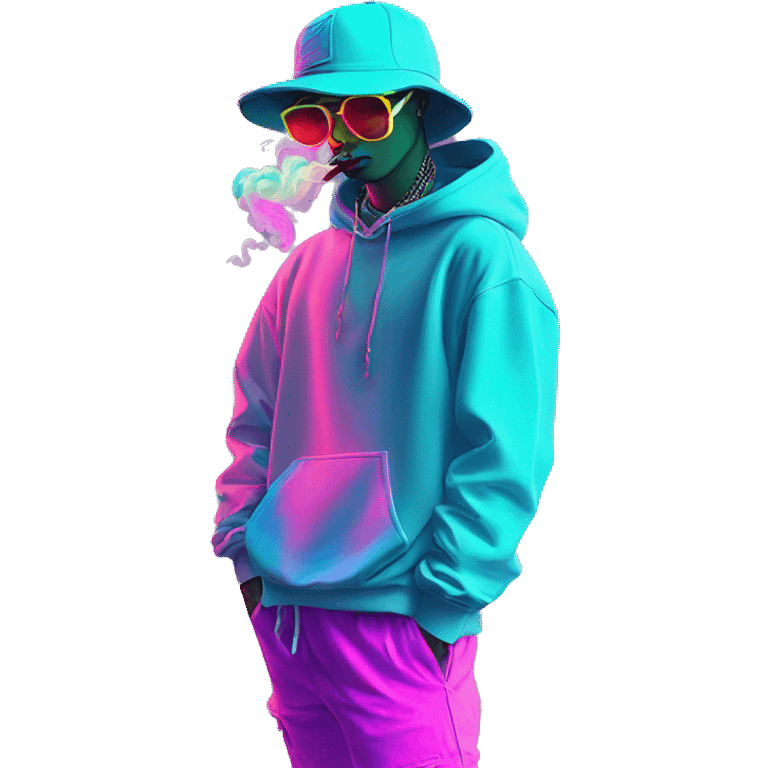 Multicoloured neon Vaporwave person smoking wearing hoodie dancing hip hop bucket hat tropical Skater fashion aesthetic baggy clothes graphic t shirt 420 emoji