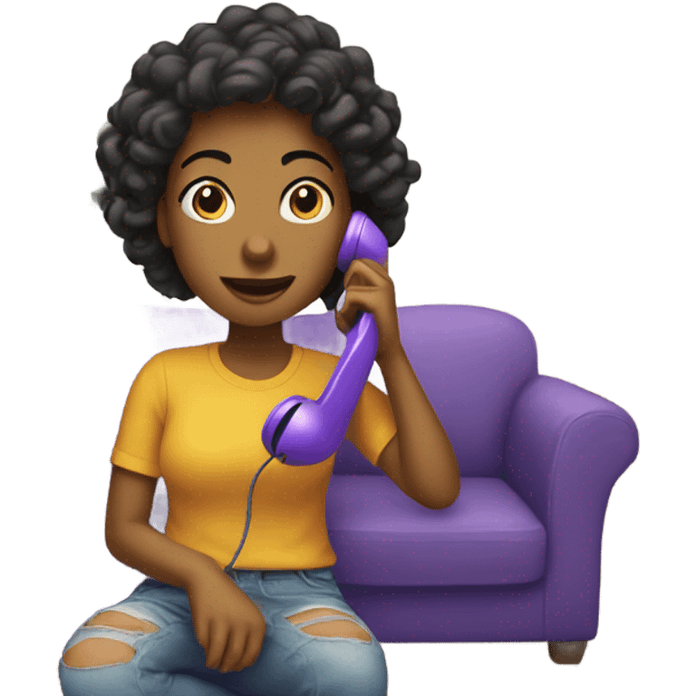 a girl using a purple phone in the living room of her house emoji