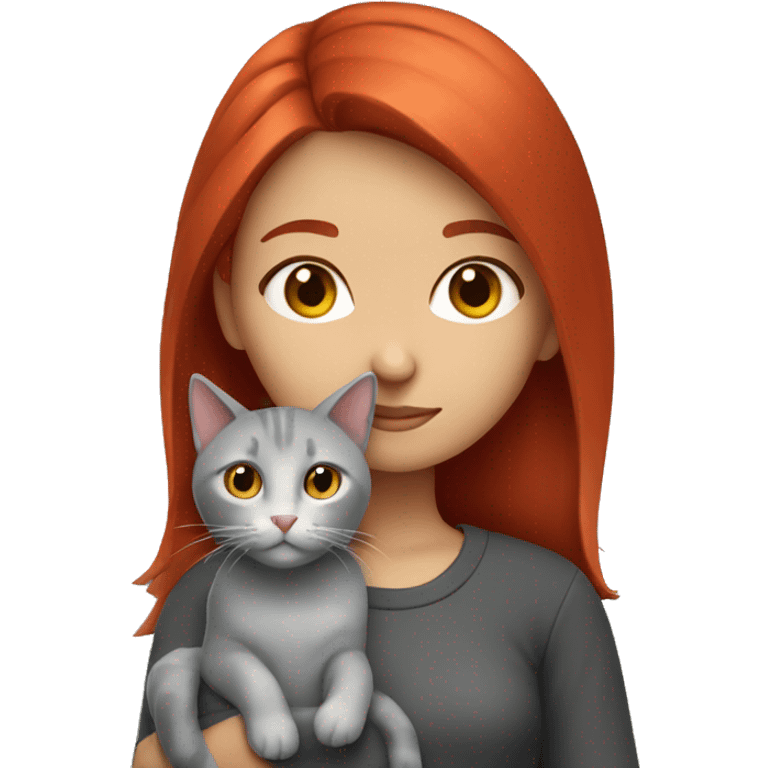 Girl with red hair (like cherry color) with her gray cat emoji