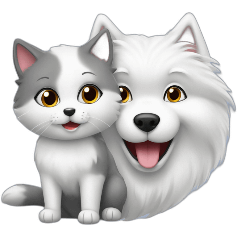 samoyed and gray cat playing emoji