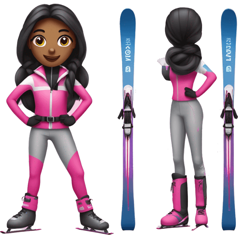 Black Skier girl with long black hair in pony tail, black eyes and pink gear show skis and legs  emoji