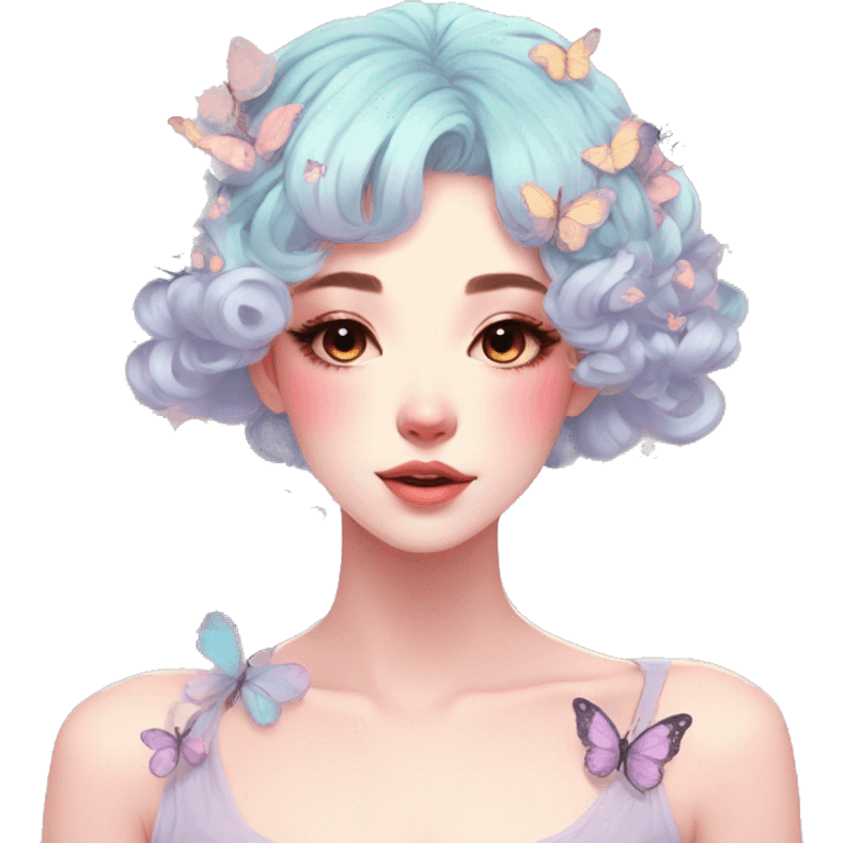 Gorgeous Pastel Anime-Style Lady With Butterflies on head aesthetic trending style emoji