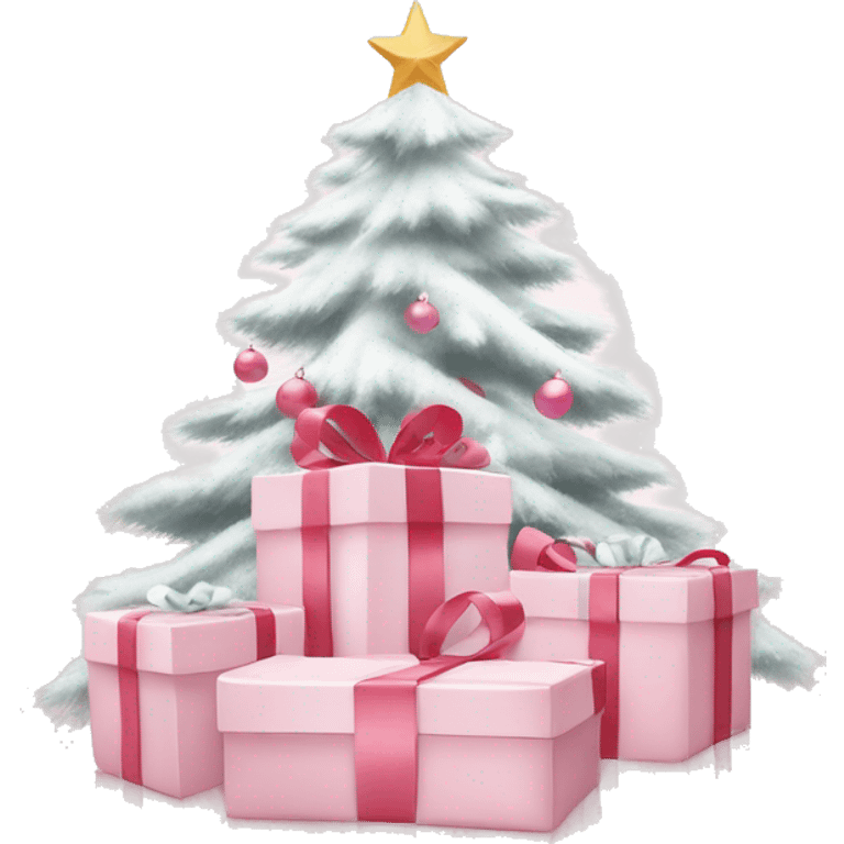 Light pink Christmas gifts under a white Christmas tree  emoji