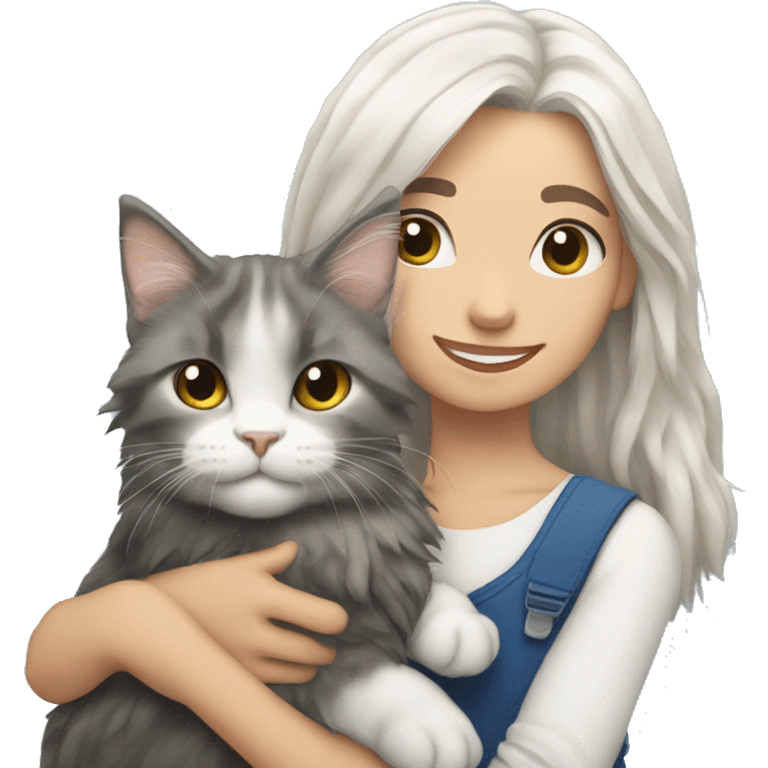 A girl with white hair holds a Maine coon cat in her arms emoji