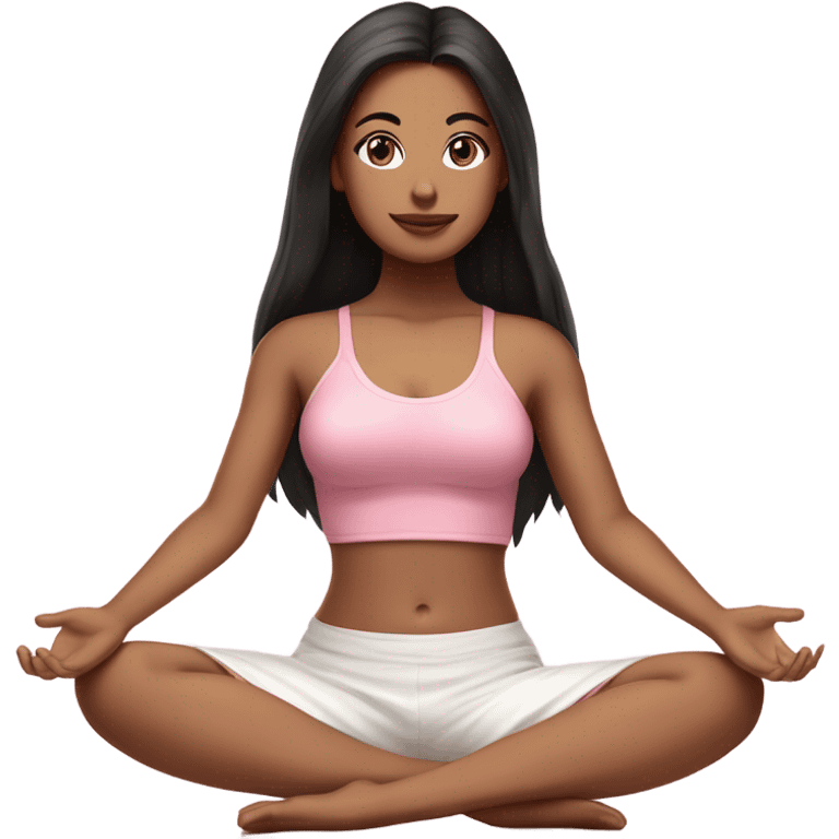 A girl with white skin tone, brown eyes and black long hair,  is sitting in a lotus position in a pink bra top and short white skirts emoji