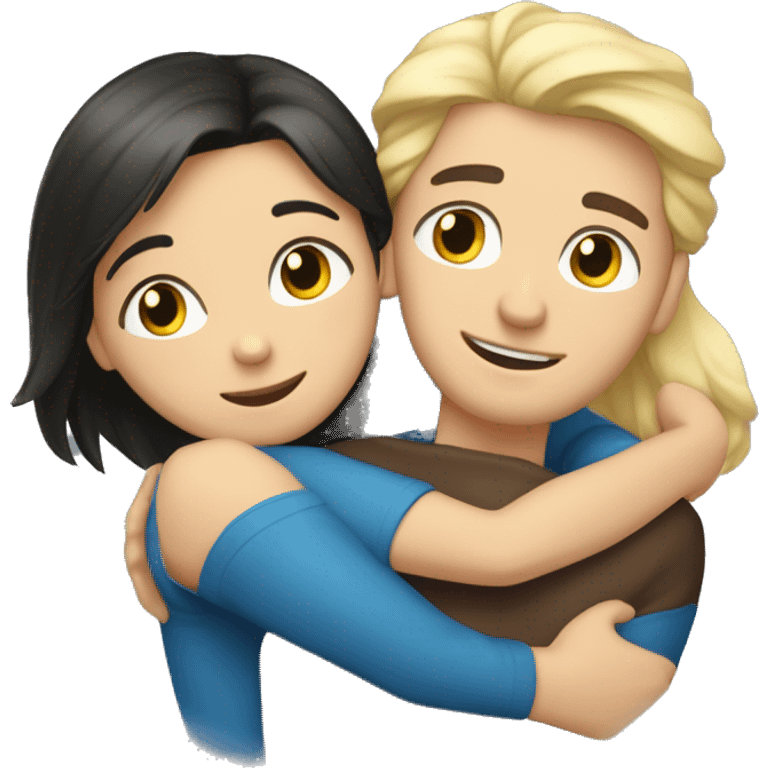 A dark-haired brown-eyed guy hugs a blonde girl with blue eyes emoji