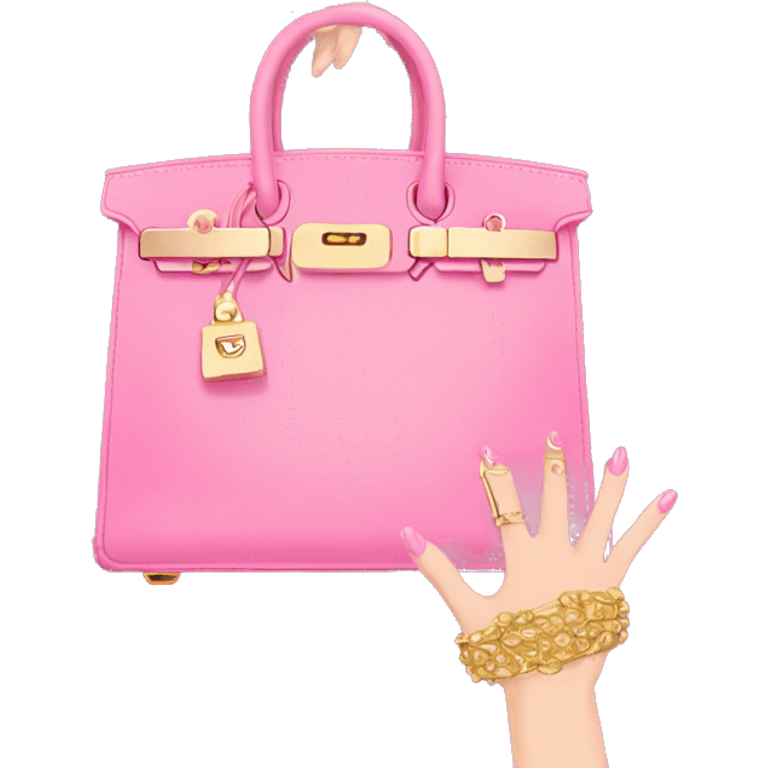 hand with gold nails holding pink birkin bag emoji