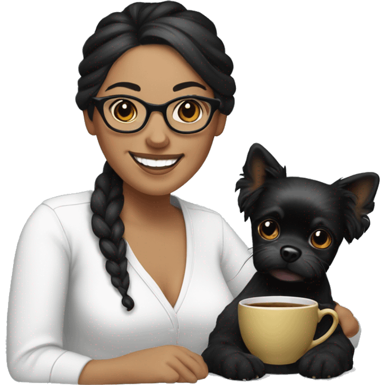 woman-black hair-bun-with glasses-with black teacup dog-white-smile emoji