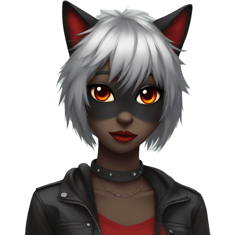 Anthro Edgy Cool Beautiful Black Cat-Fursona with Emo Hair-bangs with Red Streaks emoji