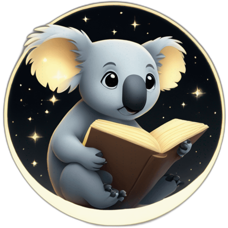 A koala perched on a ethereal glowing crescent moon, with dark black sky,  reading a book with constellations glowing on the pages emoji