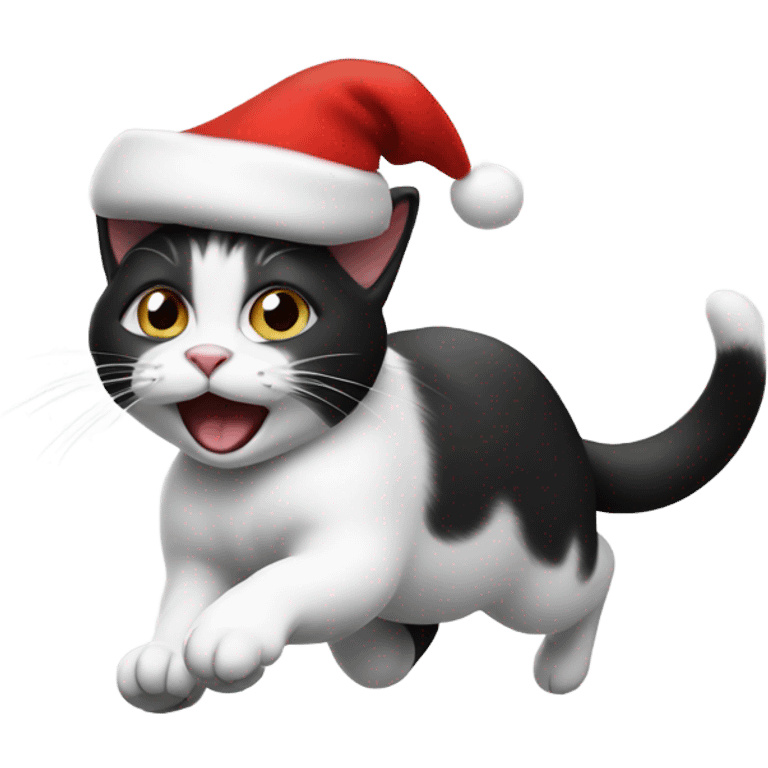 Running black and white cat wearing a Santa hat  emoji