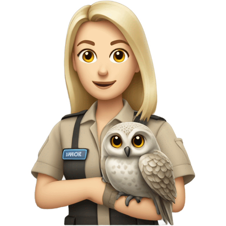 female caucasian zookeeper holding an owl on the glove emoji