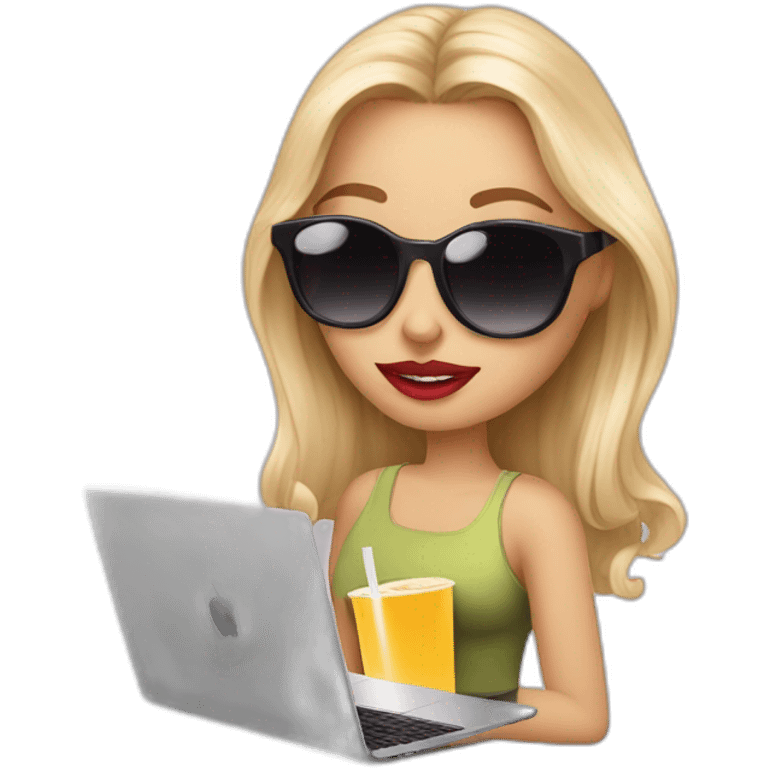 blonde girl+laptop+coffee+sunglasses+lipstick+bubble-tea emoji