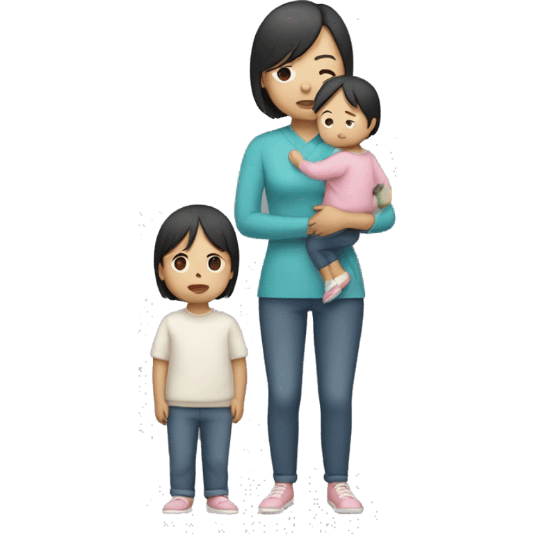 asian sad mum holding two kids, full body standing emoji