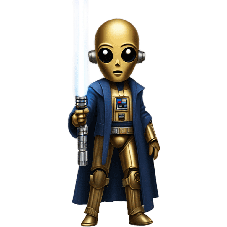 human-sized darkblue-pearl friendly bounty hunter c3po droid wearing a leather wild west duster coat holding light saber ready to fight but relaxed. antique emoji