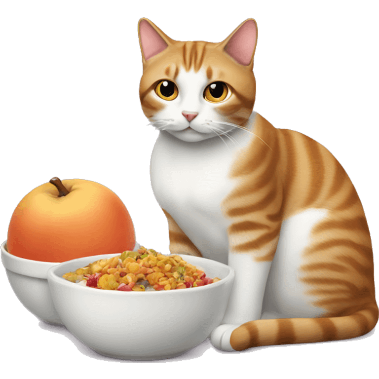 Create an image of the same cat sitting beside a bowl of food emoji