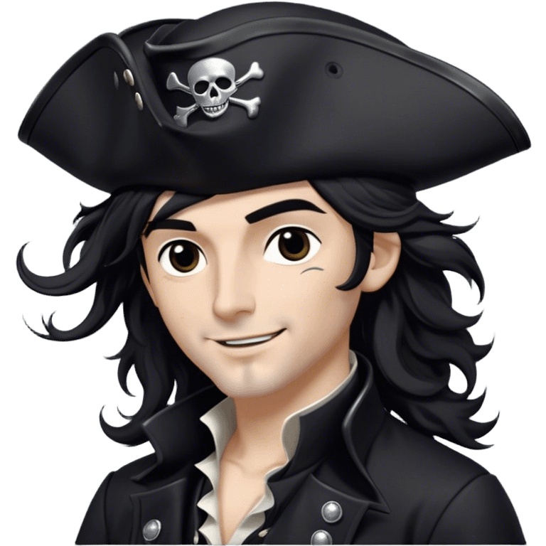 A charismatic pirate with wavy black hair tousled by the breeze. His silver-embroidered tricorn hat casts a shadow. Dark eyes glint with mischief as he looks to the side, a knowing smile on his lips. His black coat, adorned with silver buttons, shifts with the wind emoji