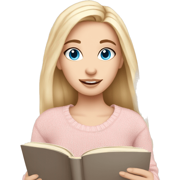 Pretty blue eyed white girl with light pink sweater reading cozy emoji