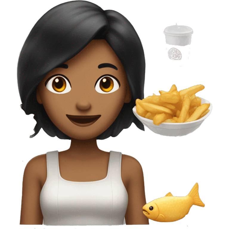 A girl with black hair enjoying fish and chips  emoji