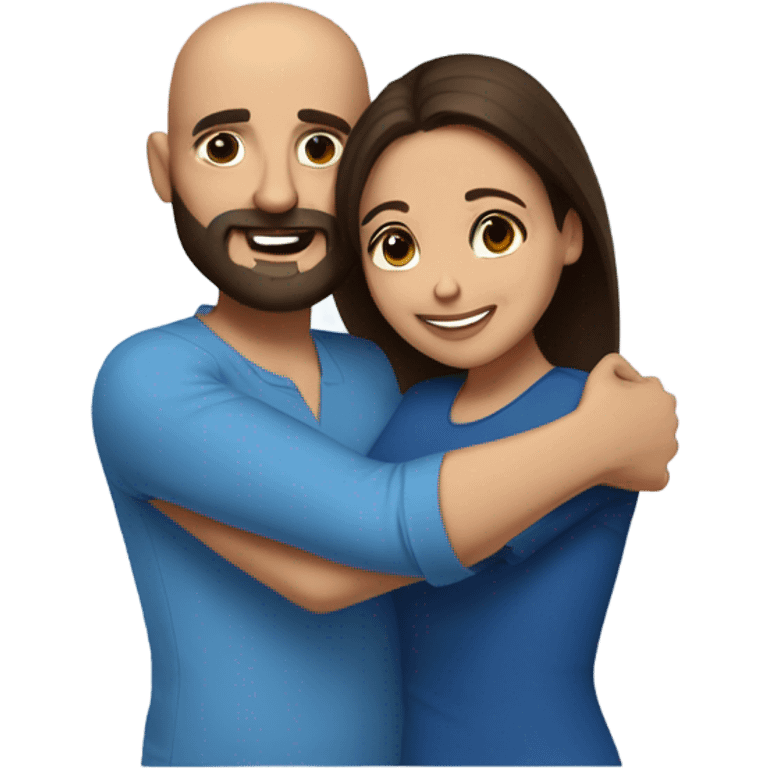 Comforting hug from brunette Puerto Rican with dark brown eyes wearing a cute blue blouse to short, bald man with brown eyes, laugh lines, and a beard emoji