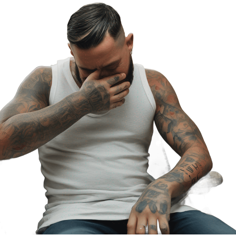 Man crying while getting a tattoo emoji