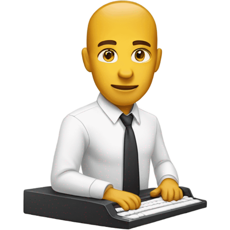 yellow skin man typing on white keyboard on desk wearing white button down shirt front view emoji