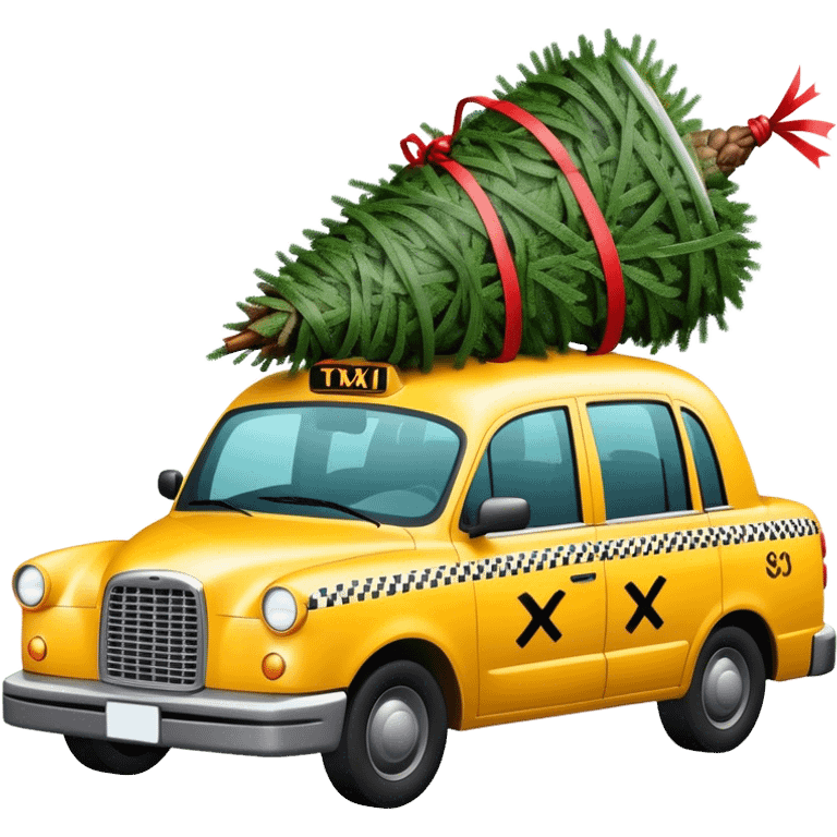 A new york taxi with a tied up Christmas tree on its roof emoji