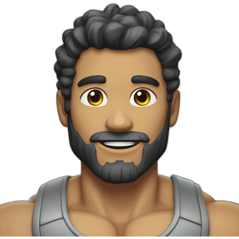 a man with grey skin, black hair and beard, smiling, with a very, very muscular jawline emoji