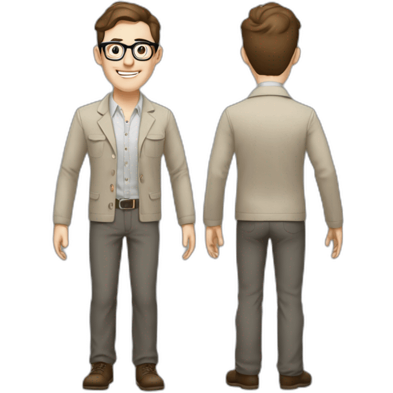 Joyful Full height Pale skinned Fit Man With dark brown hair in gray jacket, beige office shirt, Brown pants and vintage glasses. His thrumbs up emoji