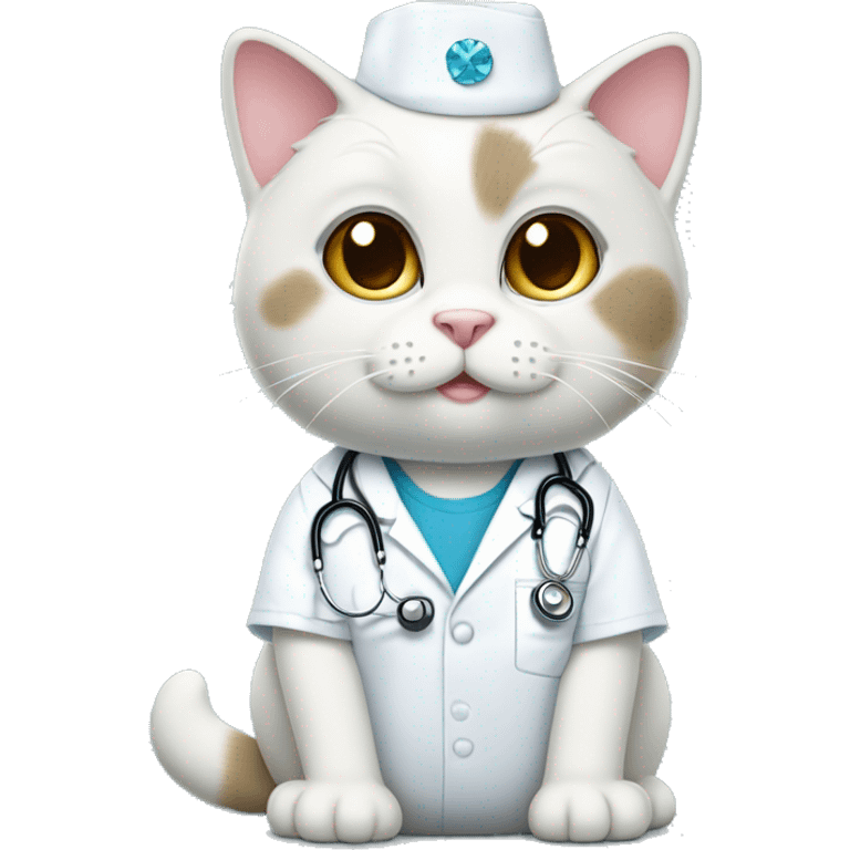 white chubby rag doll cat that is wearing scrubs and stethoscope with diamonds  emoji