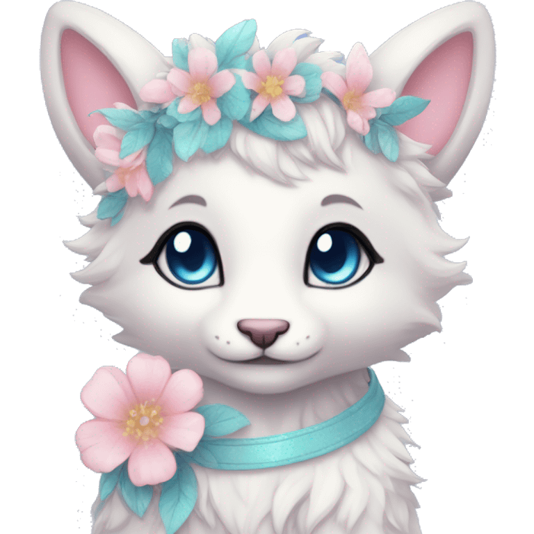 Anthro Cute Cool Pastel Kawaii gorgeous sparkly ethereal fantasy animal creature with blue eyes furry sona with flowers and ribbons beautiful aesthetic emoji