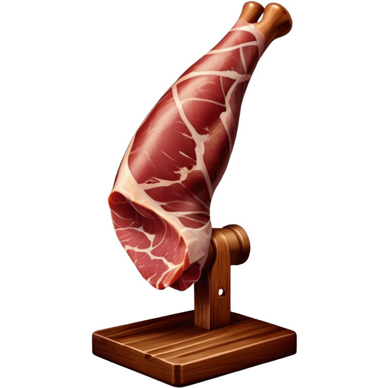 ​Cinematic Realistic Spanish Jamón Leg, depicted as a massive, cured leg of Jamón serrano (ham) with a deep reddish-brown hue, intricately marbled and slightly glossy with age, elegantly displayed on a rustic wooden stand and bathed in warm, soft lighting that accentuates its artisanal heritage, emoji