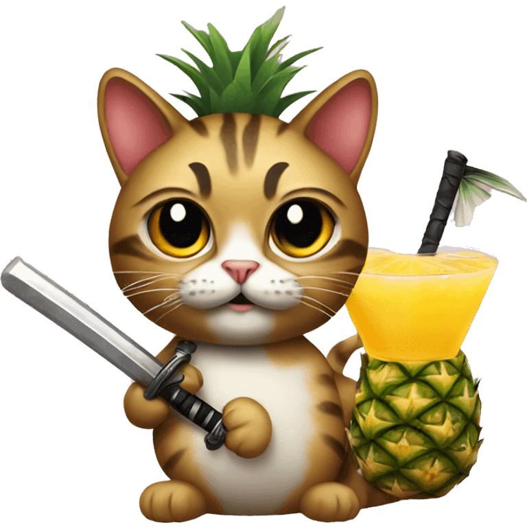 Cat with pineapple cocktail with Katana  emoji