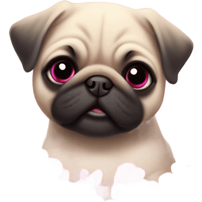 Baby pug playing in pink flowers with pink eyes  emoji