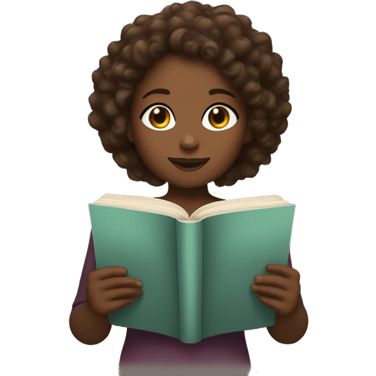 Black girl with brown curly hair reading a book emoji